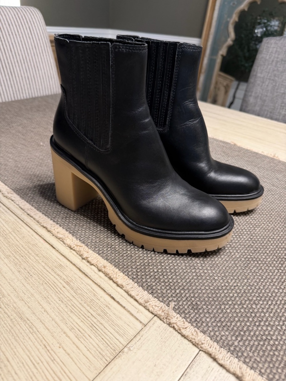 Dolce Vita Black Leather Ankle Boots with Tan Lug Sole